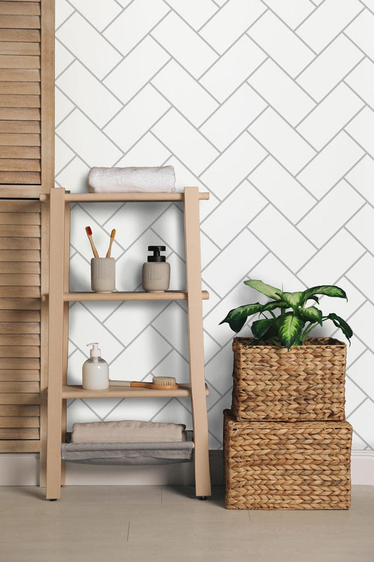 White Metro Herringbone - 1000mm x 2400mm x 10mm - Gloss - Waterproof - 1 Fire Rated