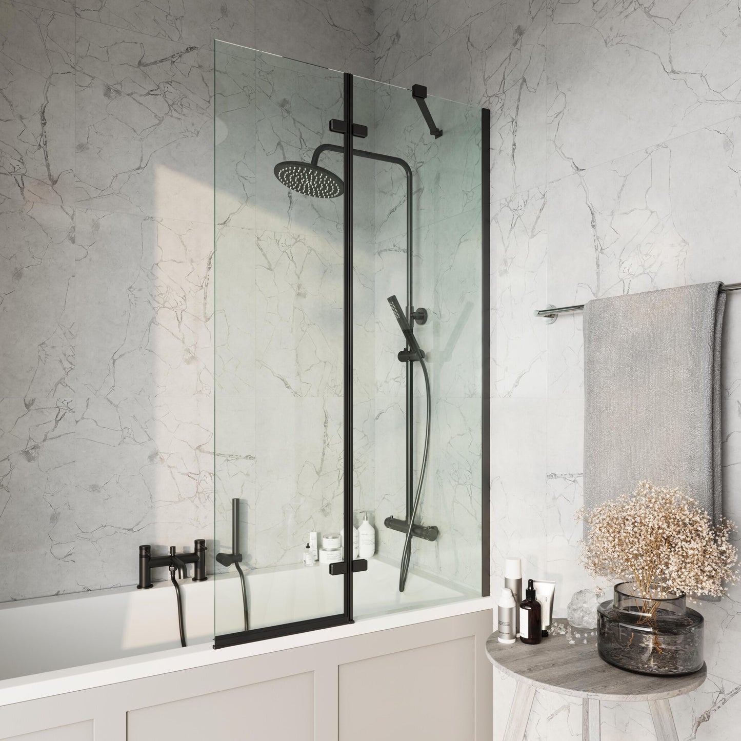 Square 900mm Pivot Bath Screen Including Fixed Panel